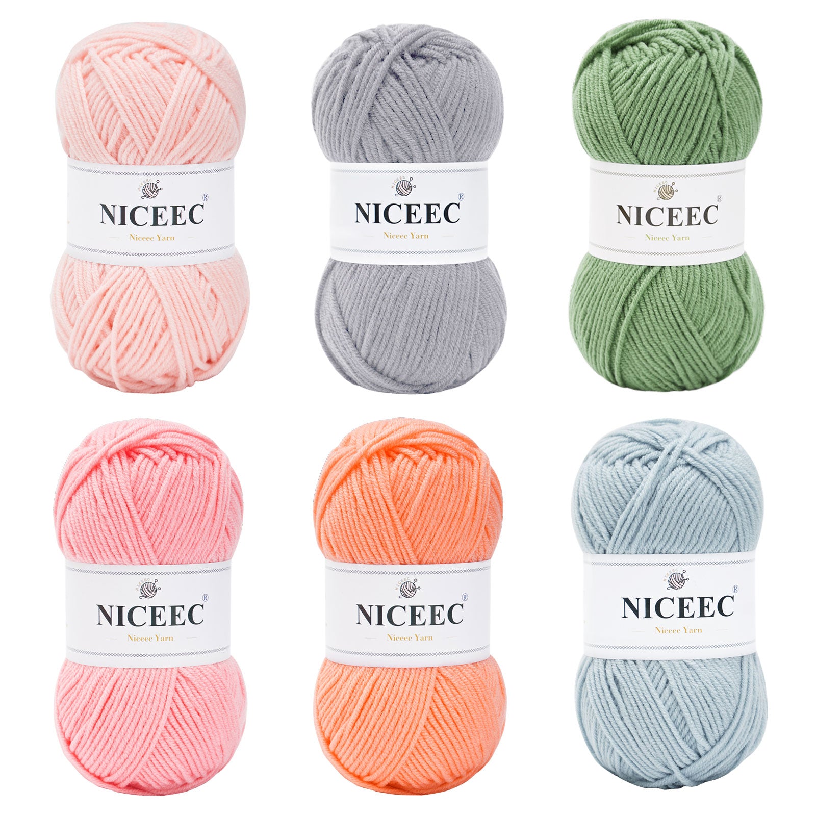 NICEEC 6×50g Soft Assorted Colors Yarn Sport Weight Yarn Bonbons Yarn for Crochet Knit 4 Ply Acrylic Yarn for DIY Project Starter Crochet Kit for Kids or Adults(6×145yds)
