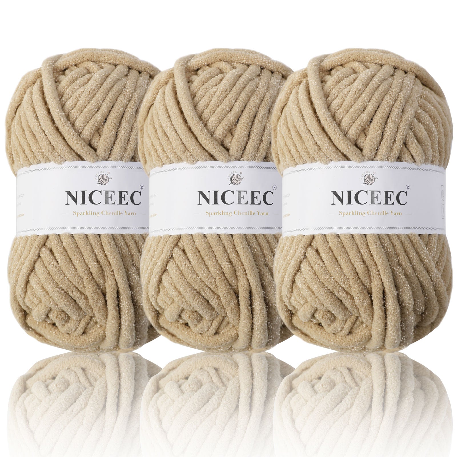 NICEEC 3 Skeins Sparkling Chenille Yarn Soft Yarn for Crochet Knitting Blanket Yarn DIY Craft Yarn for Blanket-Total Length 3×50m(3×55yds,100g×3)