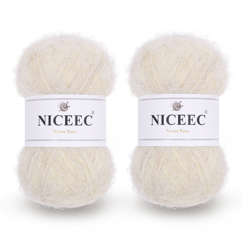 NICEEC 2 Skeins Long Pile Mohair Yarn, Fluffy & Fuzzy, Luxurious & Thin, Slik Wool Blend Yarn for Crochet & Knitting