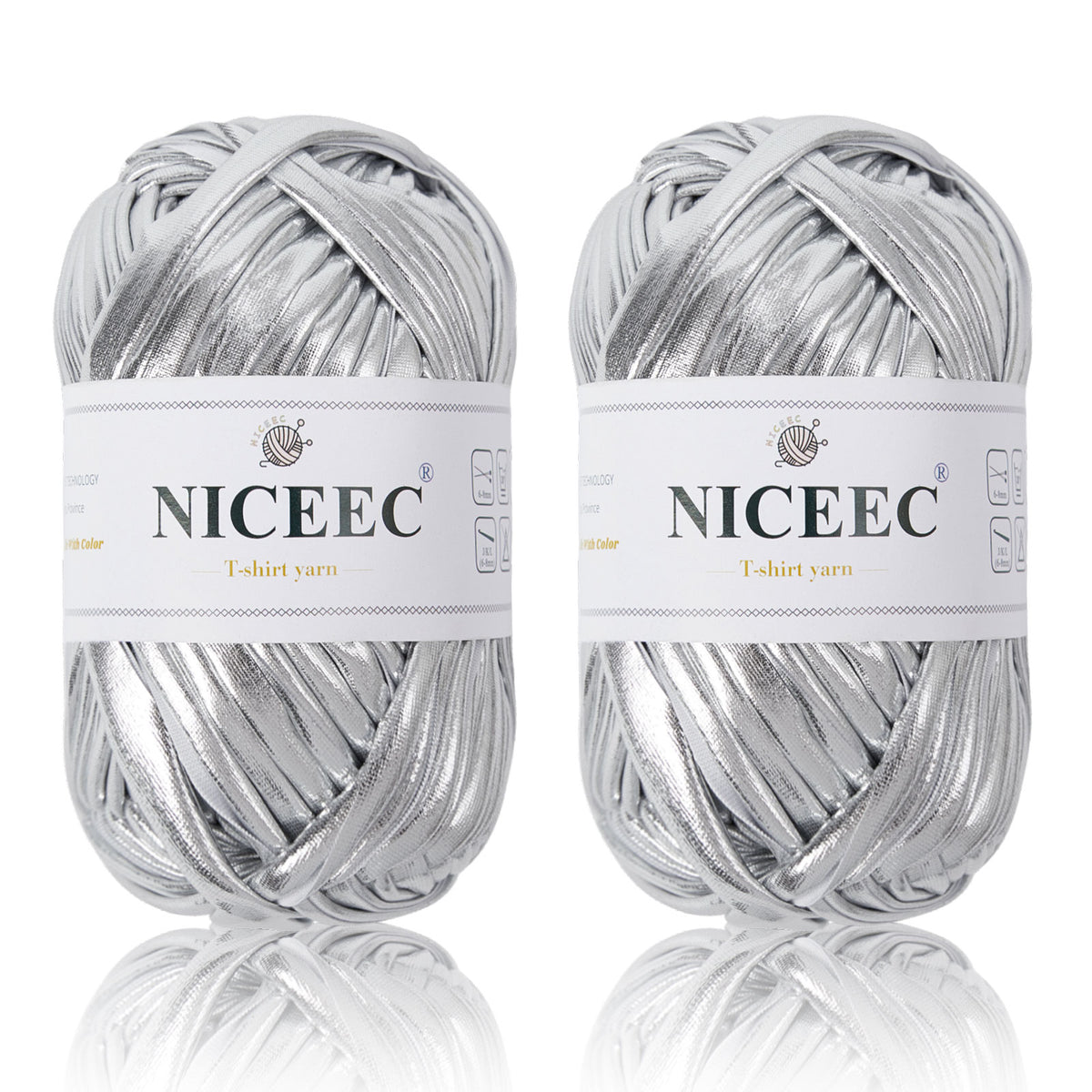 NICEEC 2 Skeins Metal T-Shirt Yarn Single-Side Bright, Glossy, Crochet & Knitting, Fabric Cloth Yarn Handmade DIY Craft Bag Basket Cushion-Totle Length 64yds(7.1oz)