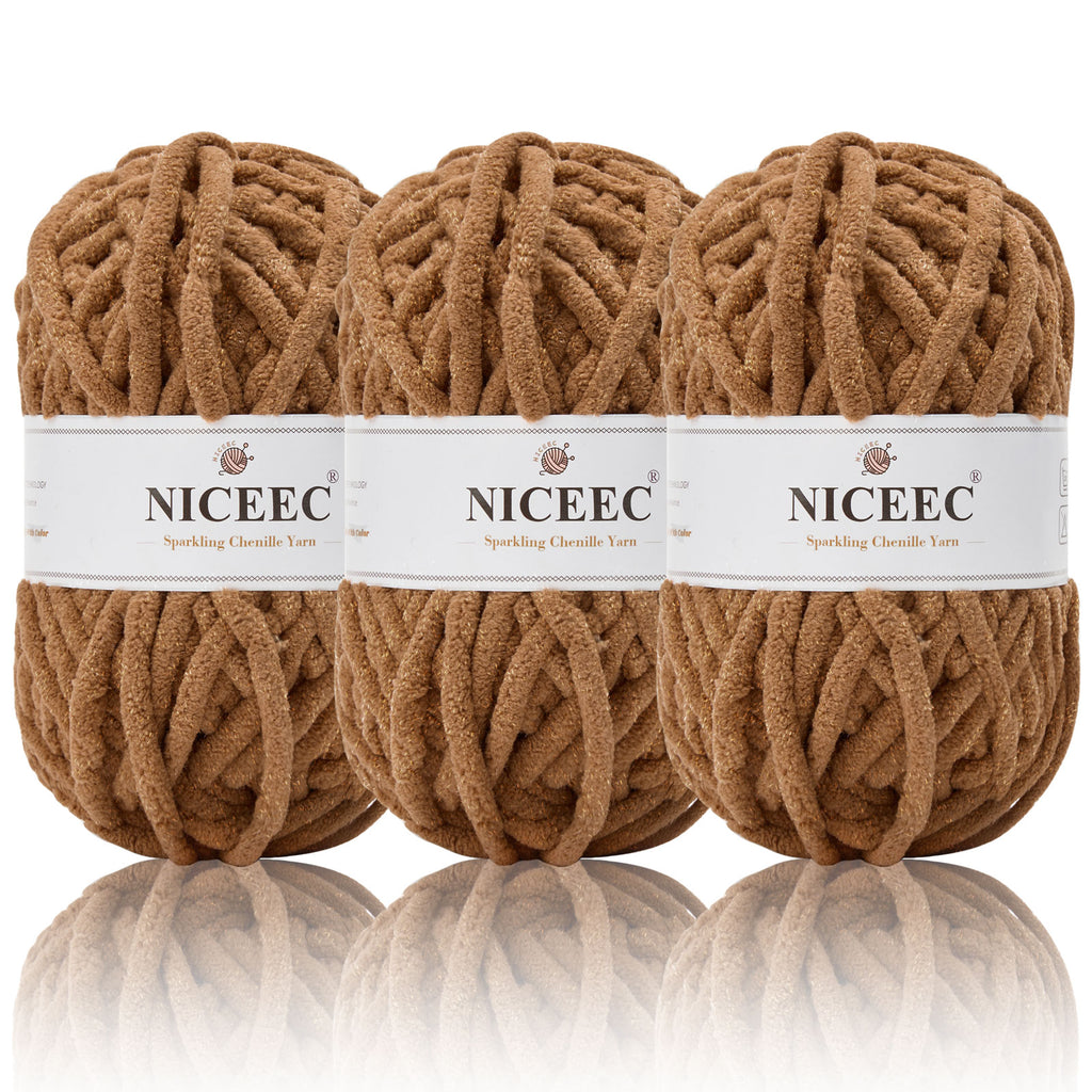 NICEEC 3 Skeins Sparkling Chenille Yarn Soft Yarn for Crochet Knitting Blanket Yarn DIY Craft Yarn for Blanket-Total Length 3×50m(3×55yds,100g×3)