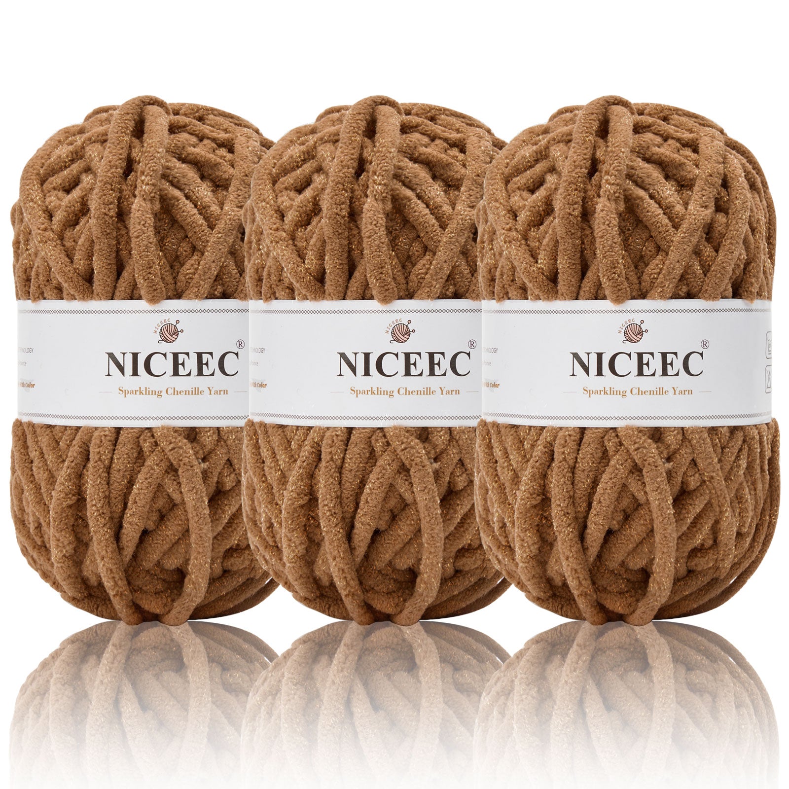 NICEEC 3 Skeins Sparkling Chenille Yarn Soft Yarn for Crochet Knitting Blanket Yarn DIY Craft Yarn for Blanket-Total Length 3×50m(3×55yds,100g×3)
