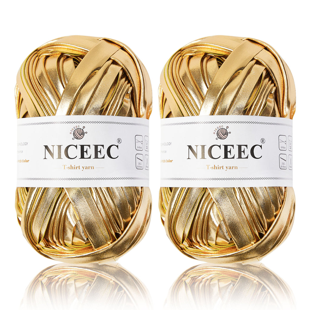 NICEEC 2 Skeins Metal T-Shirt Yarn, Bright, Glossy, Crochet & Knitting, Fabric Cloth Yarn with Double-Side Color, Handmade DIY Craft Bag Basket Cushion-Totle Length 64yds(7.1oz) - Gold