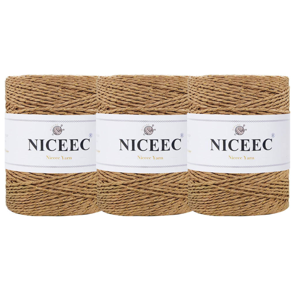 NICEEC 3 Skein Paper Yarn Easy Croceht Raffia Yarn for Crocheting Summer Sun Hat Yarn Kraft Yarn for DIY Home Décor-5.3oz×3/262yds×3 -Coffee