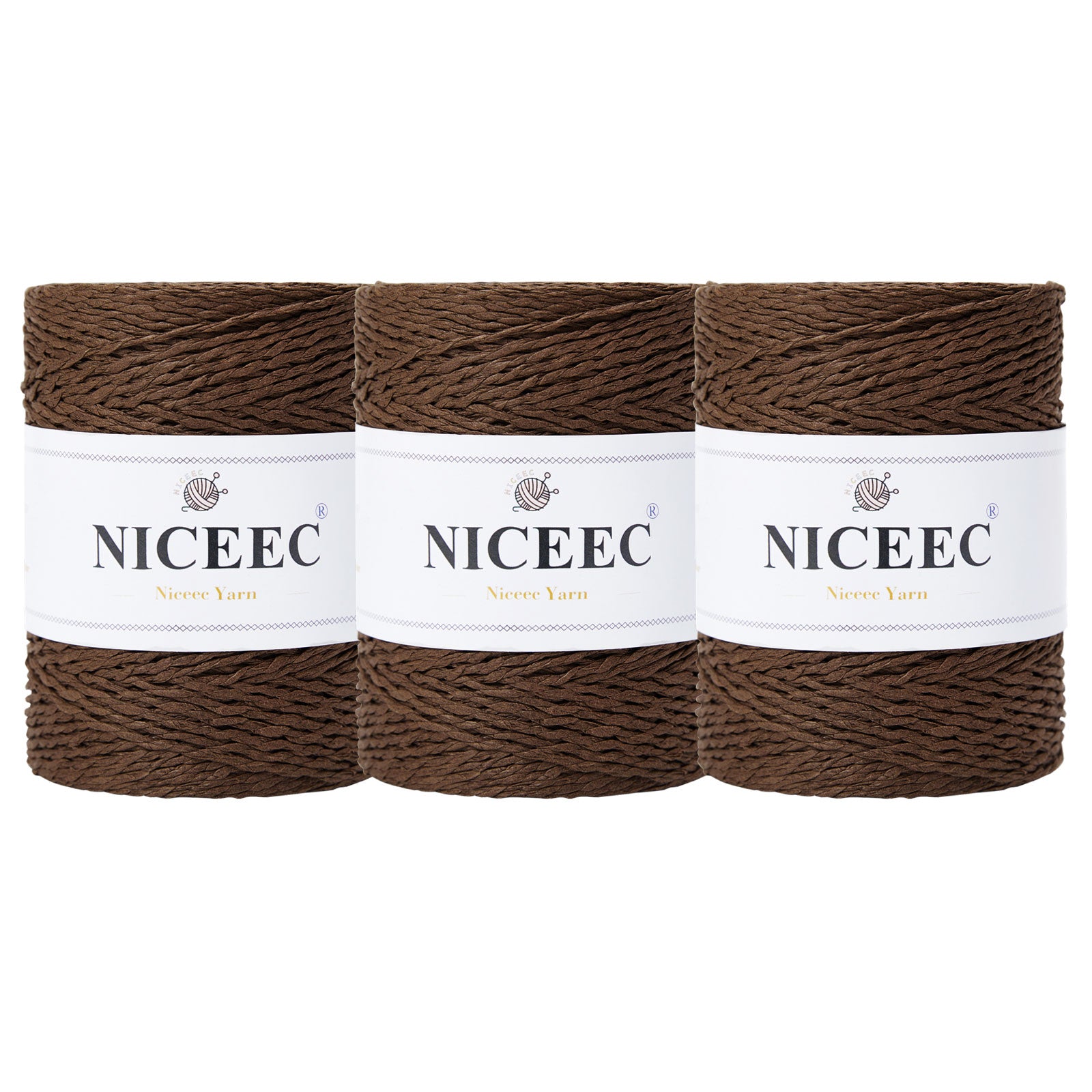 NICEEC 3 Skein Paper Yarn Easy Croceht Raffia Yarn for Crocheting Summer Sun Hat Yarn Kraft Yarn for DIY Home Décor-5.3oz×3/262yds×3 -Coffee