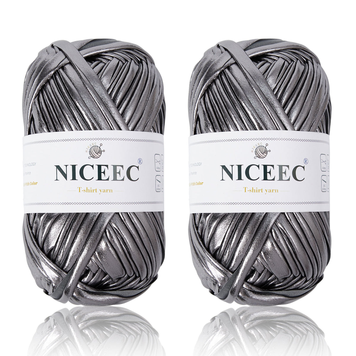 NICEEC 2 Skeins Metal T-Shirt Yarn Single-Side Bright, Glossy, Crochet & Knitting, Fabric Cloth Yarn Handmade DIY Craft Bag Basket Cushion-Totle Length 64yds(7.1oz)