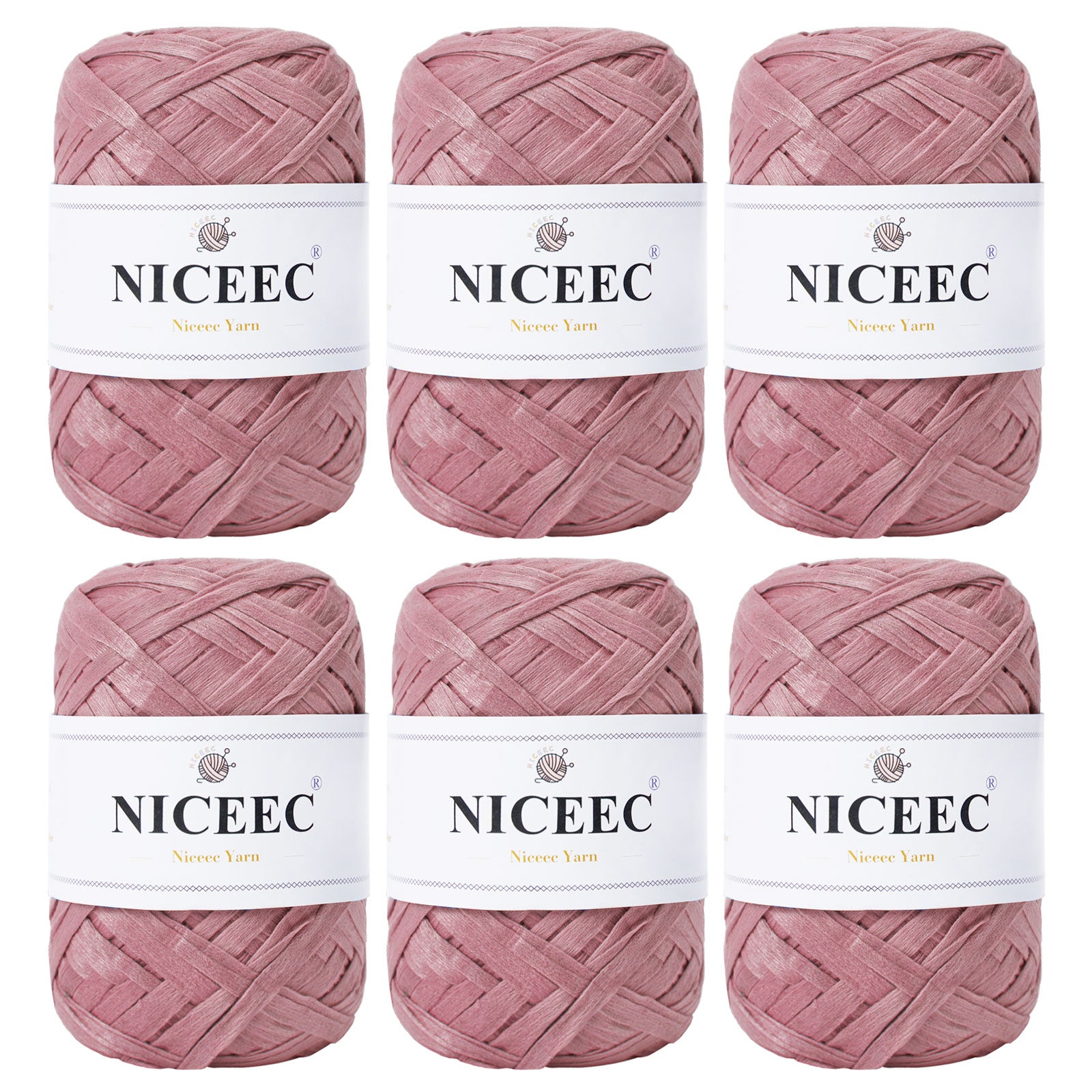 NICEEC 6 Skeins Soft Tape Yarn for Crocheting Craft Paper Yarn Easy Crochet Raffia Yarn Ribbon Yarn for DIY Craft Gift Wrapping Total Length 1.76oz×6/109yds×6