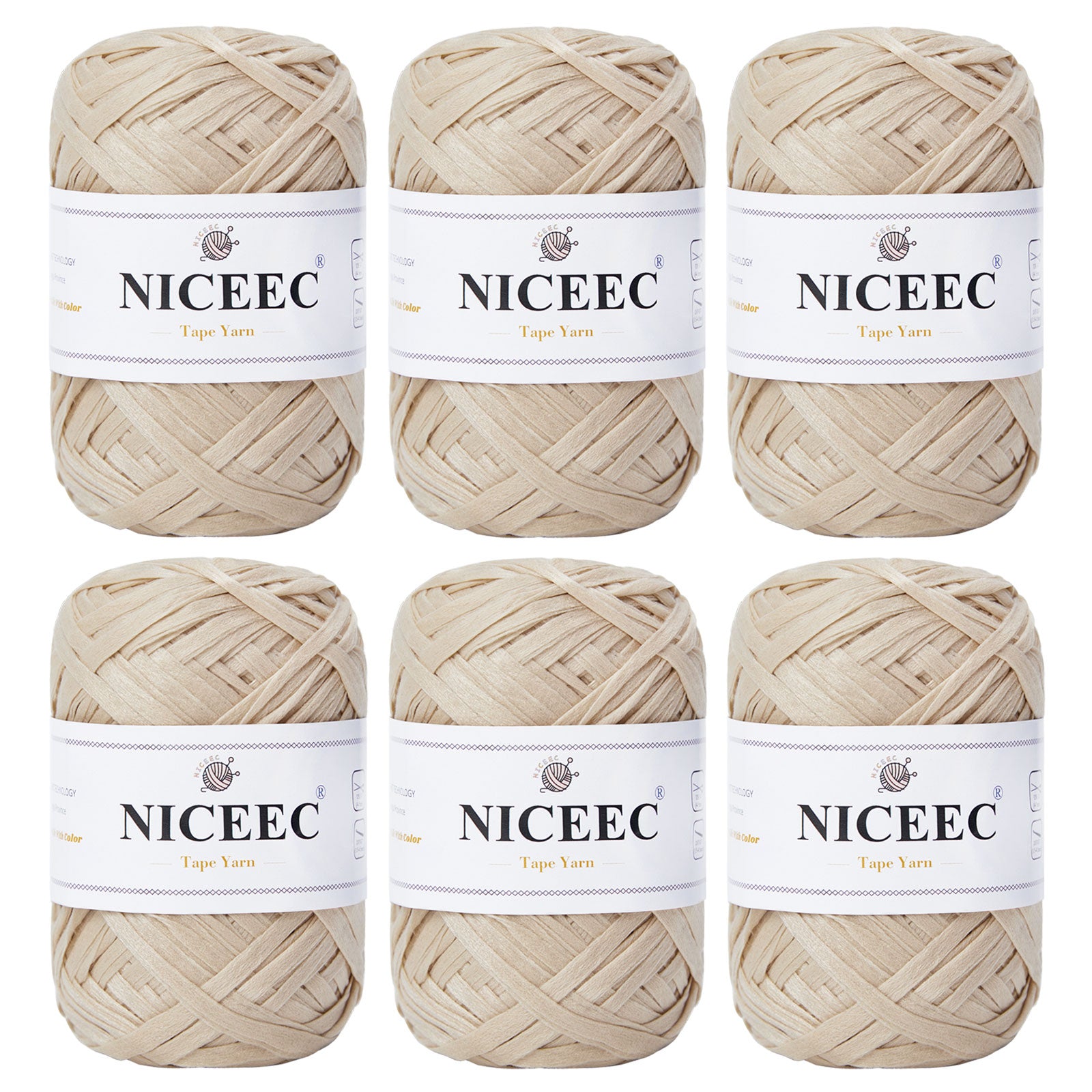 NICEEC 6 Skeins Soft Tape Yarn for Crocheting Craft Paper Yarn Easy Crochet Raffia Yarn Ribbon Yarn for DIY Craft Gift Wrapping Total Length 1.76oz×6/109yds×6