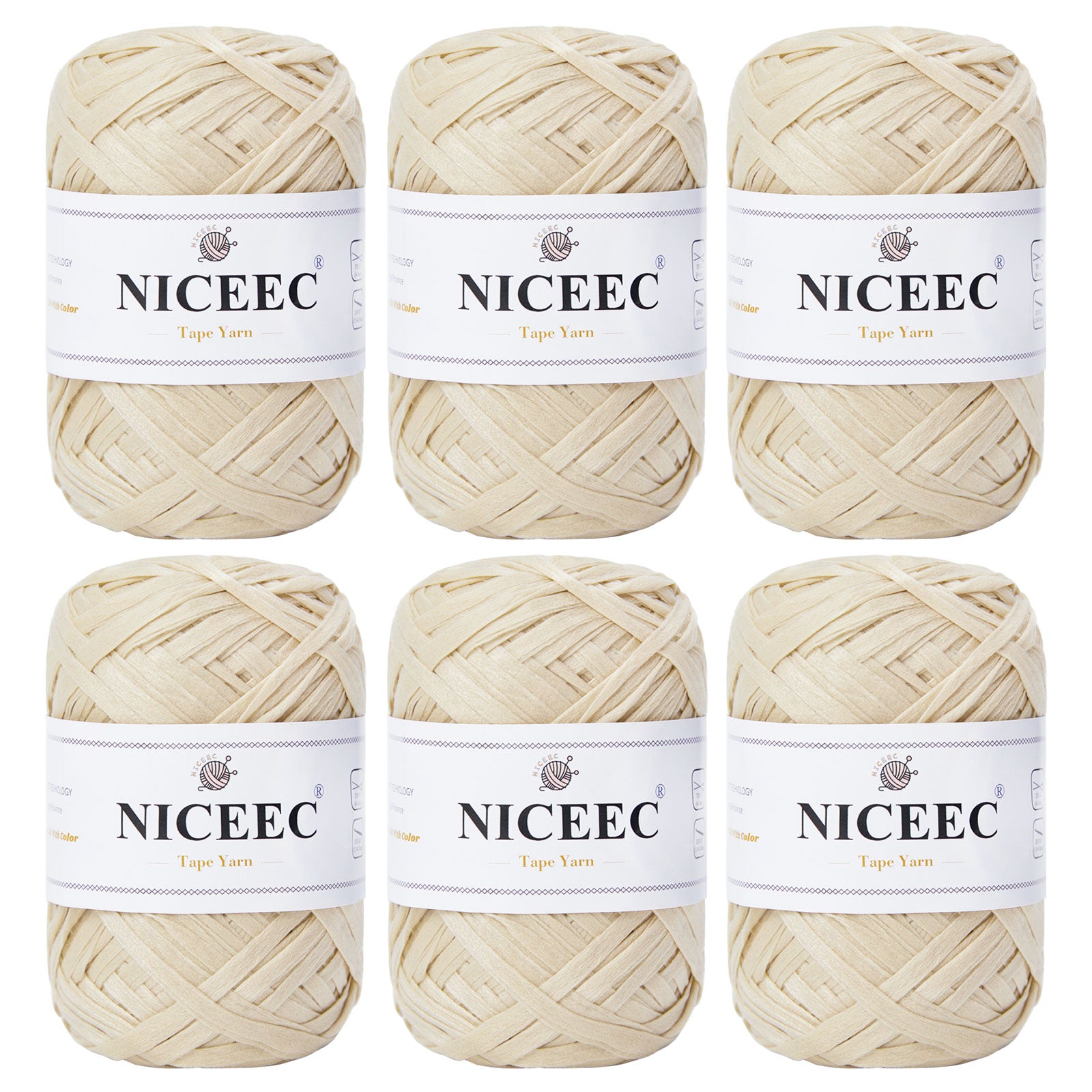 NICEEC 6 Skeins Soft Tape Yarn for Crocheting Craft Paper Yarn Easy Crochet Raffia Yarn Ribbon Yarn for DIY Craft Gift Wrapping Total Length 1.76oz×6/109yds×6