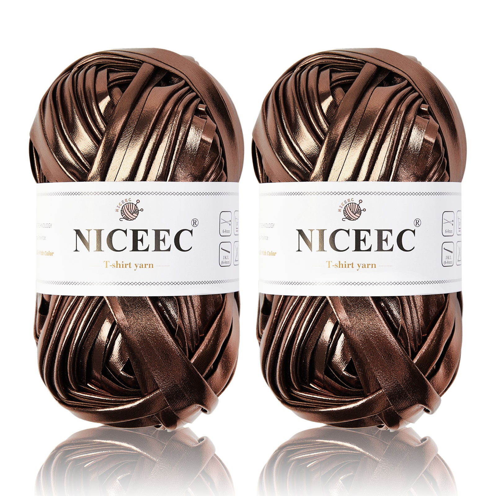 NICEEC 2 Skeins Metal T-Shirt Yarn, Bright, Glossy, Crochet & Knitting, Fabric Cloth Yarn with Double-Side Color, Handmade DIY Craft Bag Basket Cushion-Totle Length 64yds(7.1oz) - Gold