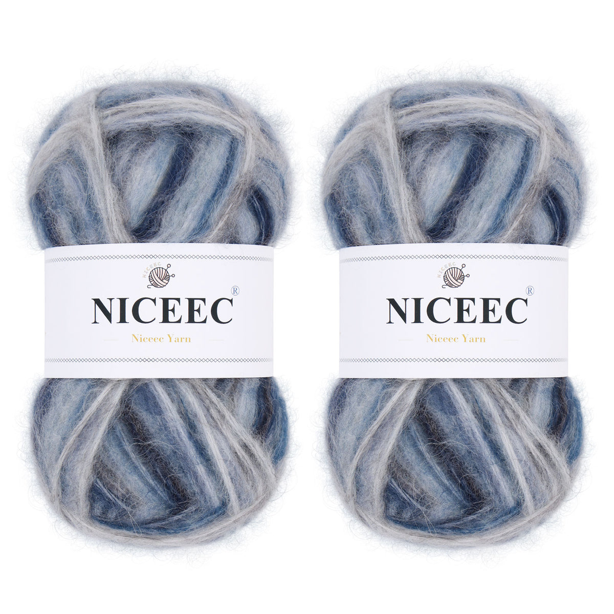 NICEEC 2 Skeins Fluffy Air Yarn, Crochet & Knit, Soft & Fuzzy, Colorful & Variegated Total 2×50g/2×175m