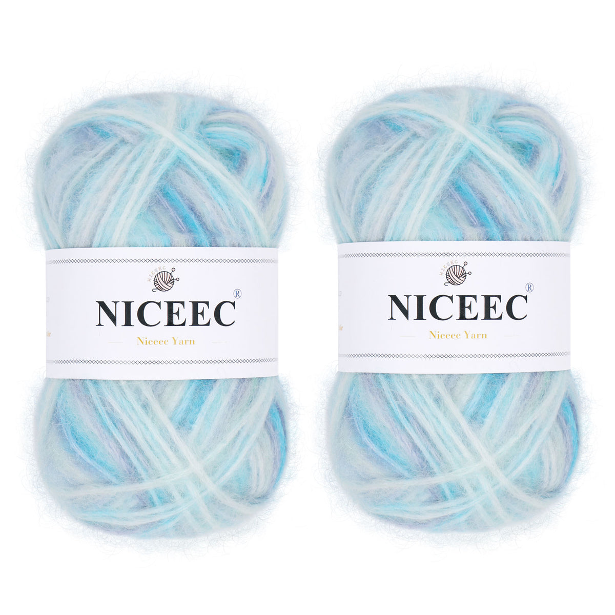 NICEEC 2 Skeins Fluffy Air Yarn, Crochet & Knit, Soft & Fuzzy, Colorful & Variegated Total 2×50g/2×175m