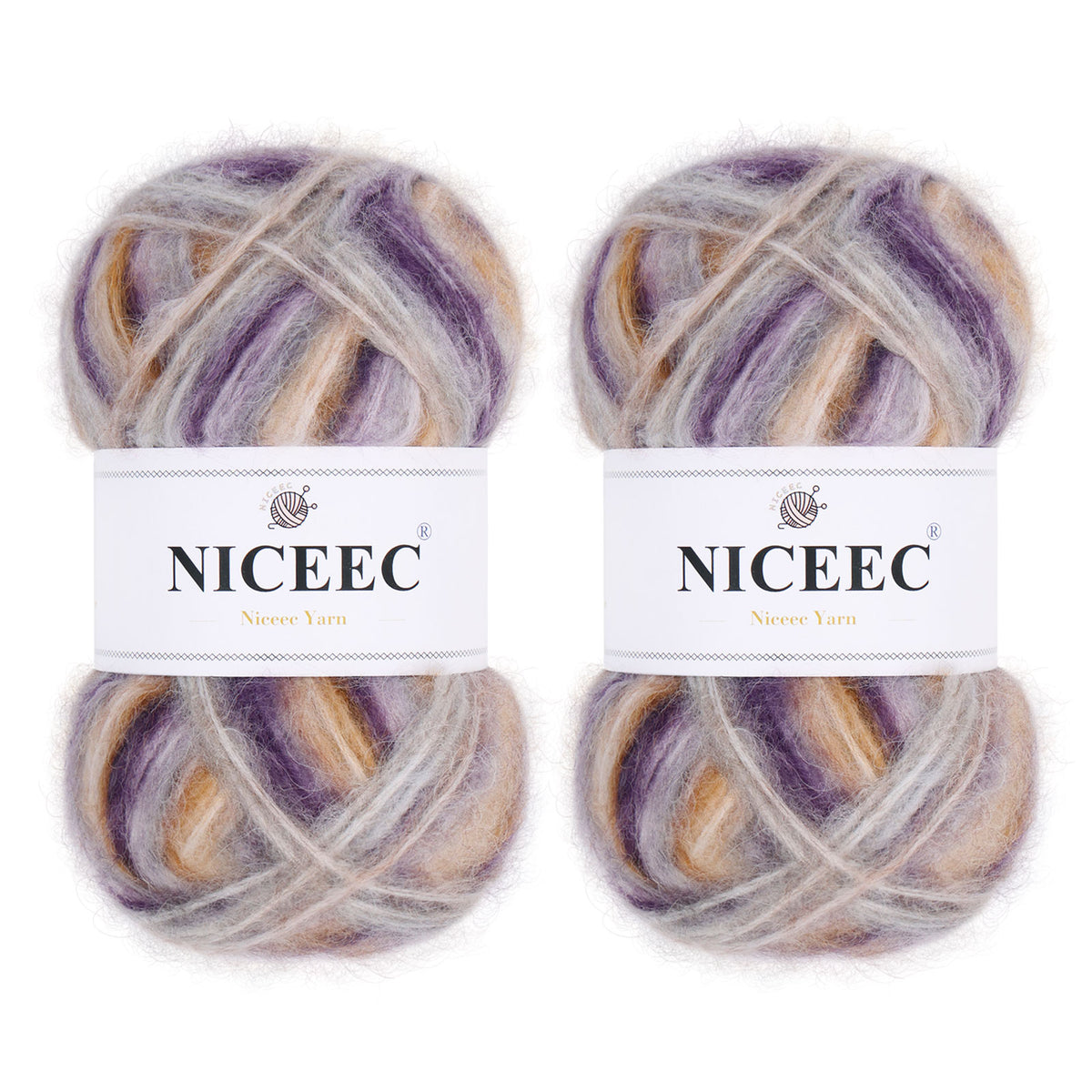 NICEEC 2 Skeins Fluffy Air Yarn, Crochet & Knit, Soft & Fuzzy, Colorful & Variegated Total 2×50g/2×175m