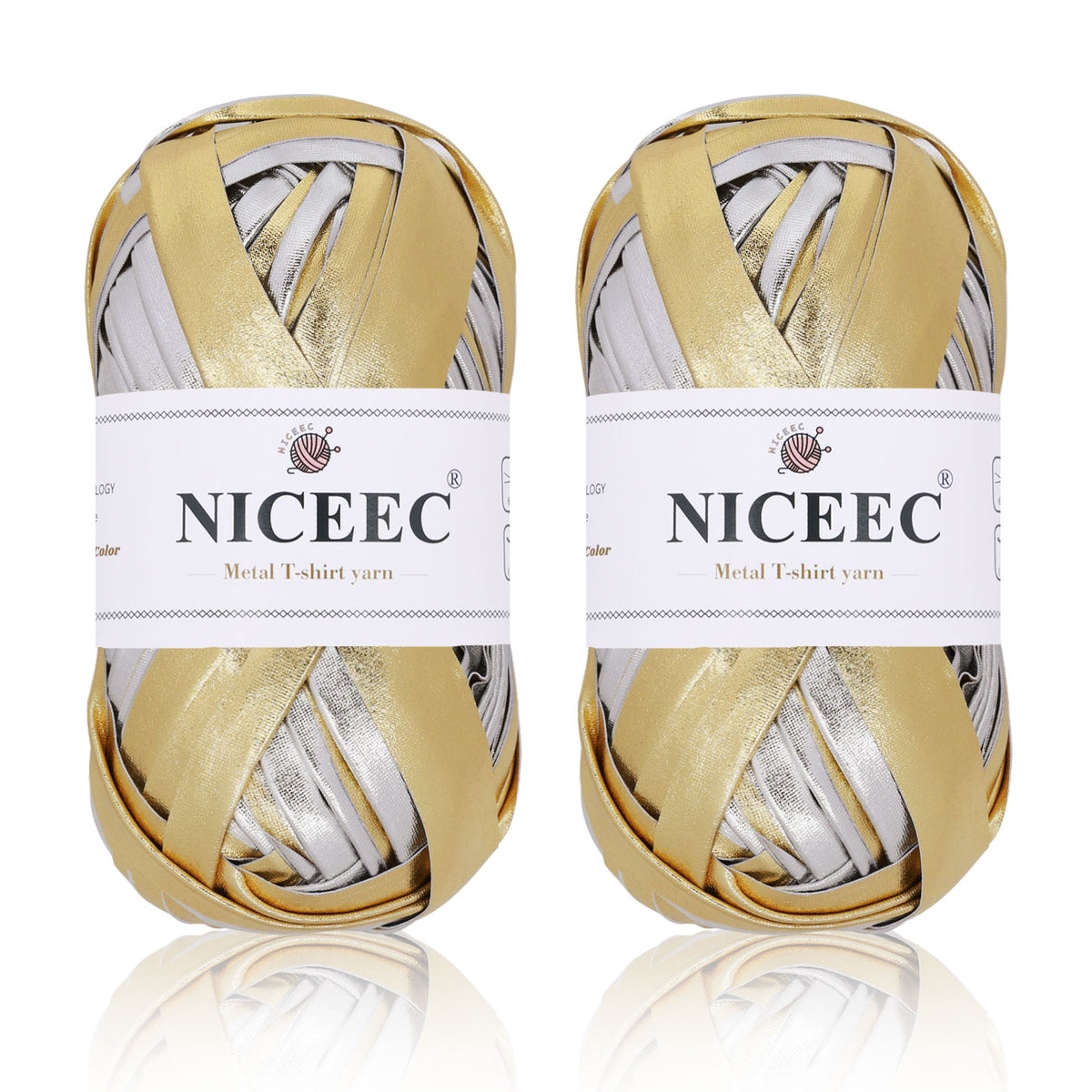 NICEEC 2 Skeins Metal T-Shirt Yarn, Bright, Glossy, Crochet & Knitting, Fabric Cloth Yarn with Double-Side Color, Handmade DIY Craft Bag Basket Cushion-Totle Length 64yds(7.1oz) - Gold