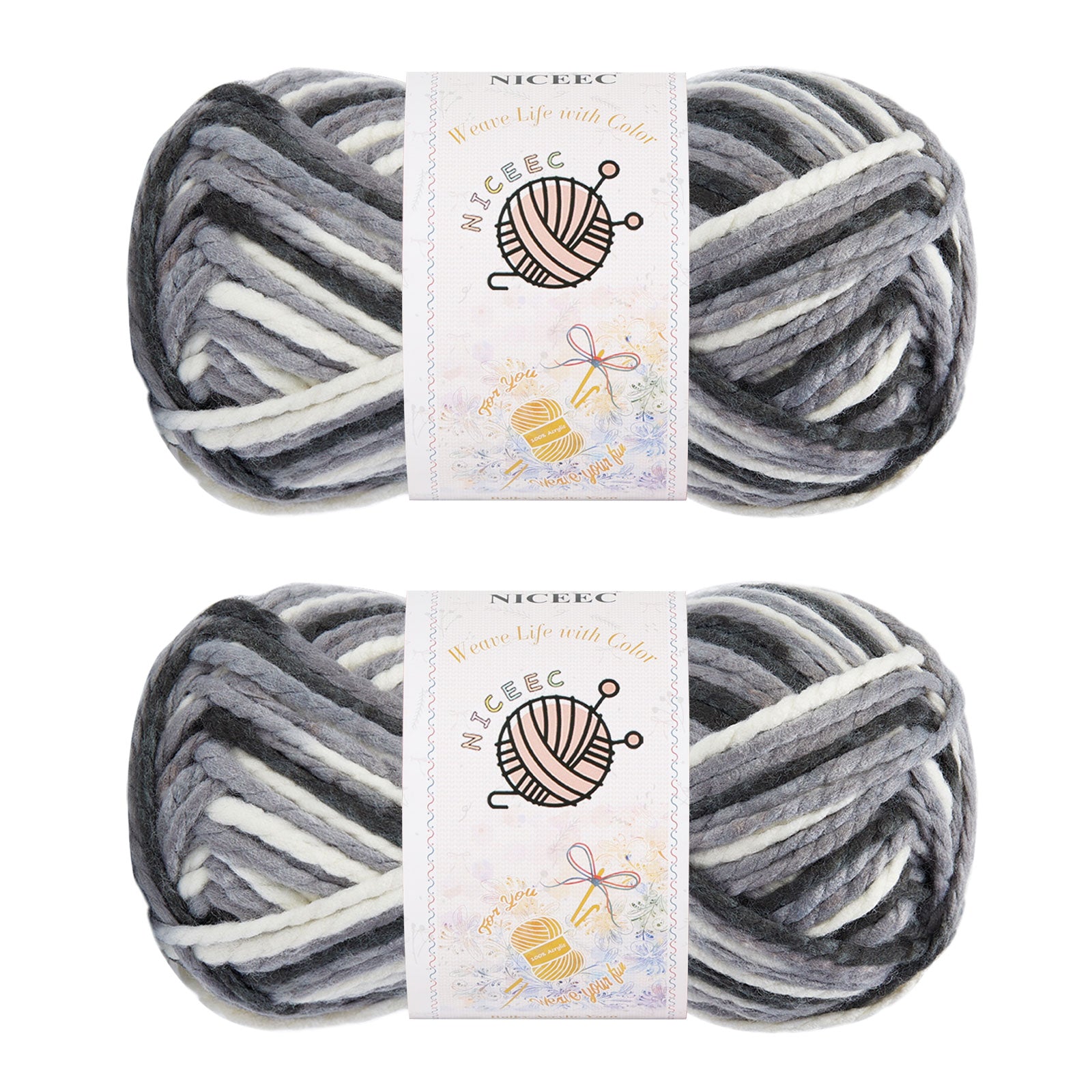 NICEEC 2 Skeins Bulky Acrylic Yarn - Soft, Colorful, Multicolored, Quality, Bulky Yarn for Crochet & Knitting