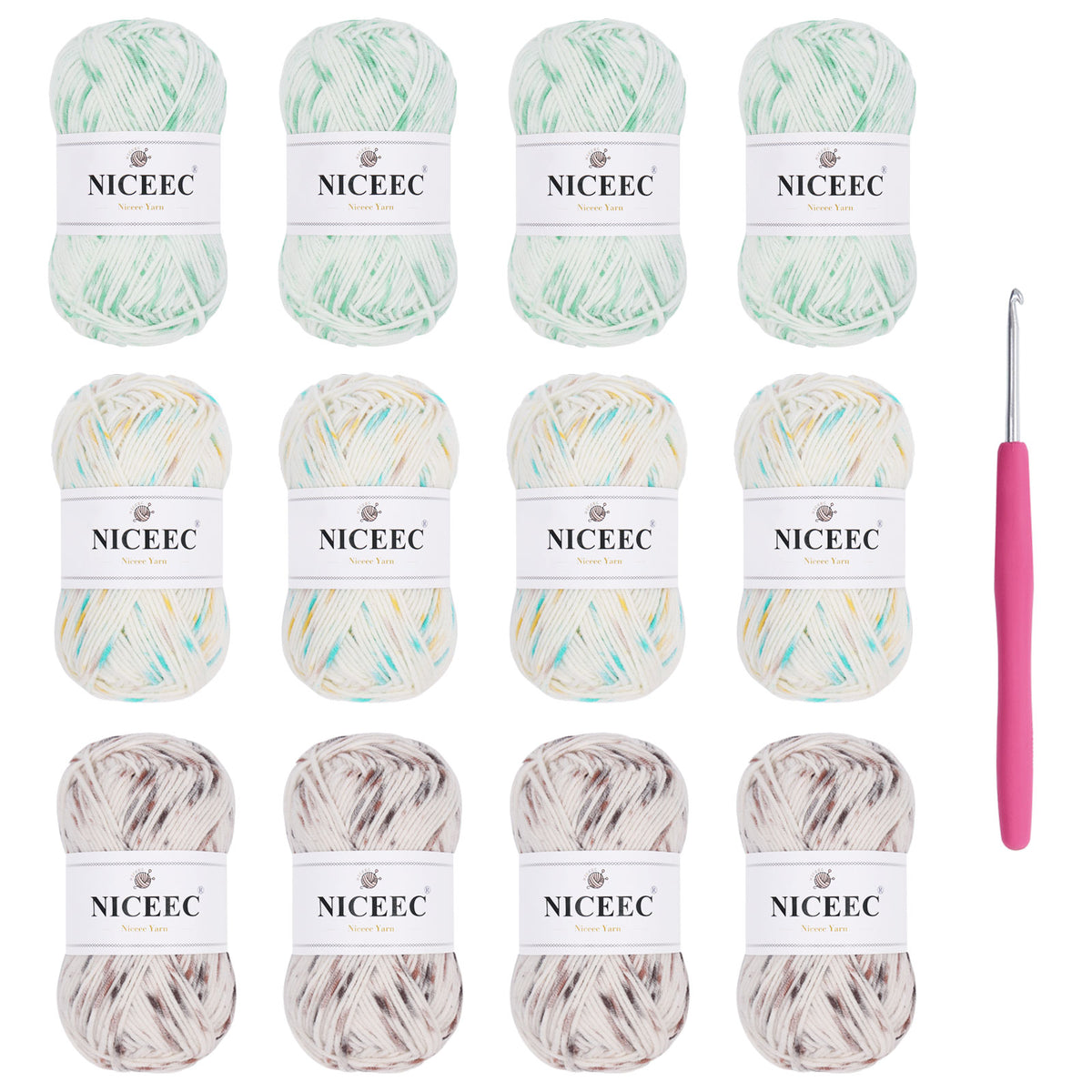 NICEEC - 12 madejas de hilo de colores surtidos, suave mezcla de algodón, para tejer a ganchillo, mantas de bebé coloridas, fácil de usar, 4 capas, multicolor para manualidades.
