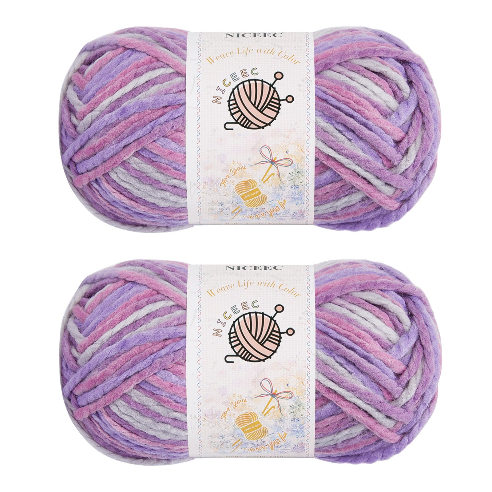 NICEEC 2 Skeins Bulky Acrylic Yarn - Soft, Colorful, Multicolored, Quality, Bulky Yarn for Crochet & Knitting