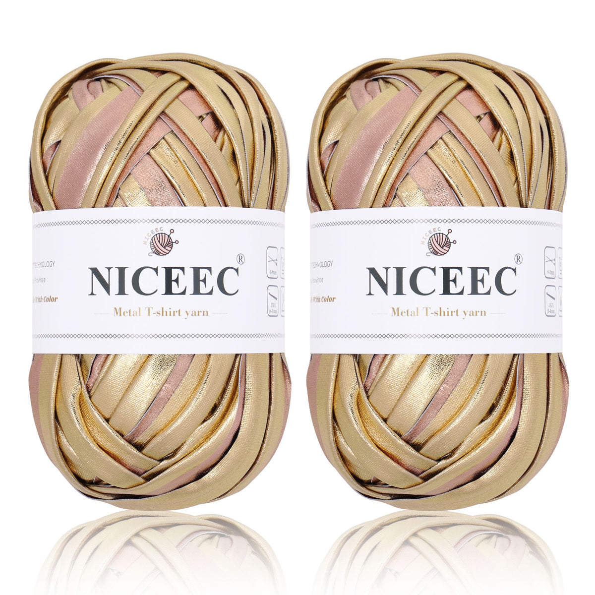 NICEEC 2 Skeins Metal T-Shirt Yarn, Bright, Glossy, Crochet & Knitting, Fabric Cloth Yarn with Double-Side Color, Handmade DIY Craft Bag Basket Cushion-Totle Length 64yds(7.1oz) - Gold