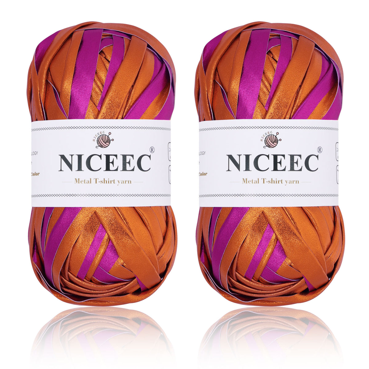 NICEEC 2 Skeins Metal T-Shirt Yarn, Bright, Glossy, Crochet & Knitting, Fabric Cloth Yarn with Double-Side Color, Handmade DIY Craft Bag Basket Cushion-Totle Length 64yds(7.1oz) - Gold