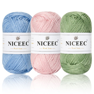 NICEEC 3 Skeins Soft Wool Yarn Glossy Wool Blend Yarn for Crochet Knitting Sport Weight Yarn for DIY Craft(3×50g/3×110yds)