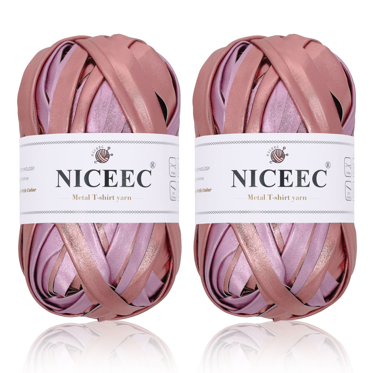 NICEEC 2 Skeins Metal T-Shirt Yarn, Bright, Glossy, Crochet & Knitting, Fabric Cloth Yarn with Double-Side Color, Handmade DIY Craft Bag Basket Cushion-Totle Length 64yds(7.1oz) - Gold