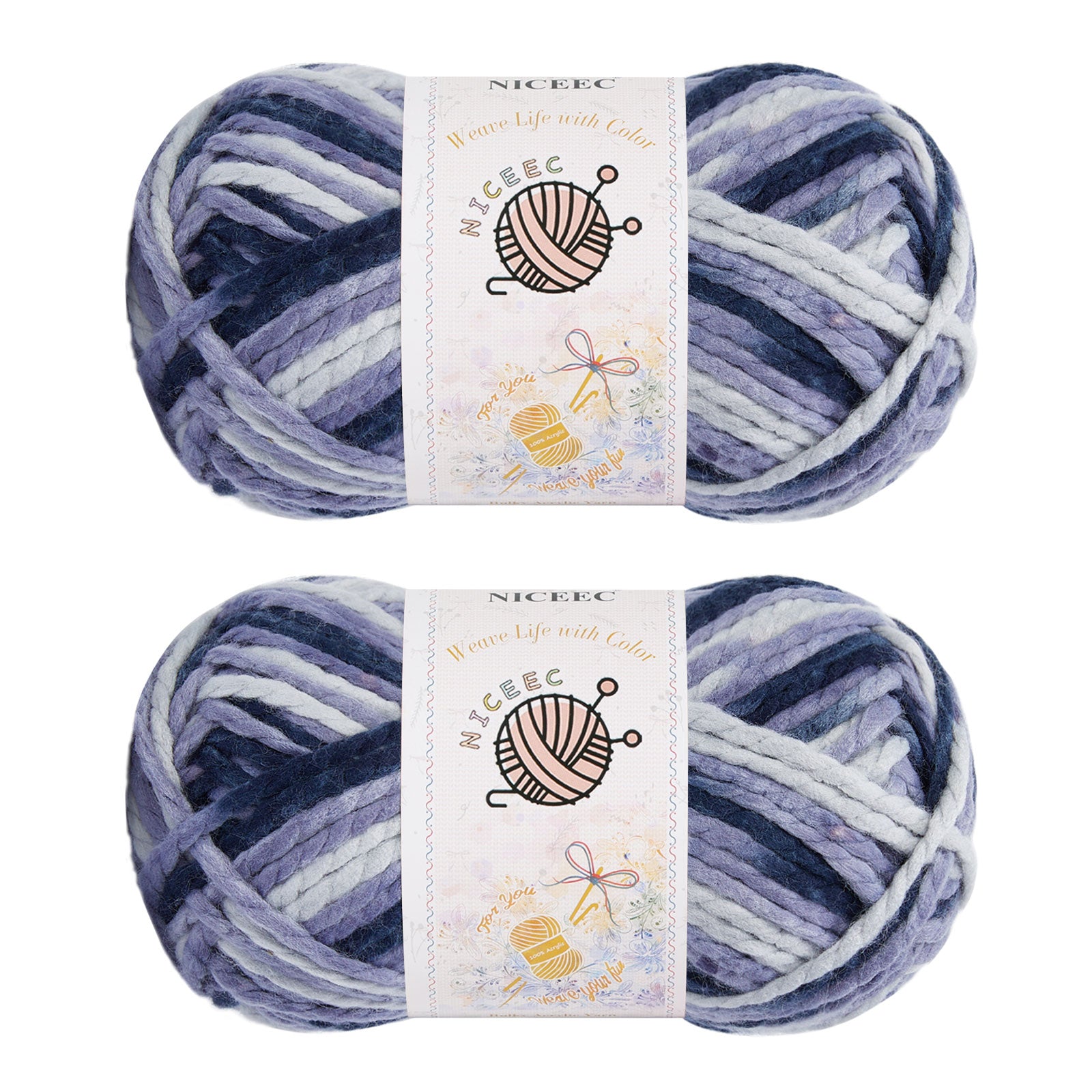NICEEC 2 Skeins Bulky Acrylic Yarn - Soft, Colorful, Multicolored, Quality, Bulky Yarn for Crochet & Knitting