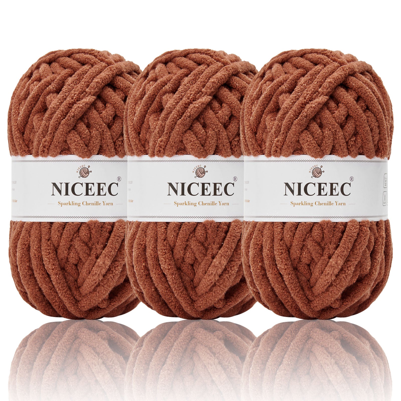 NICEEC 3 Skeins Sparkling Chenille Yarn Soft Yarn for Crochet Knitting Blanket Yarn DIY Craft Yarn for Blanket-Total Length 3×50m(3×55yds,100g×3)