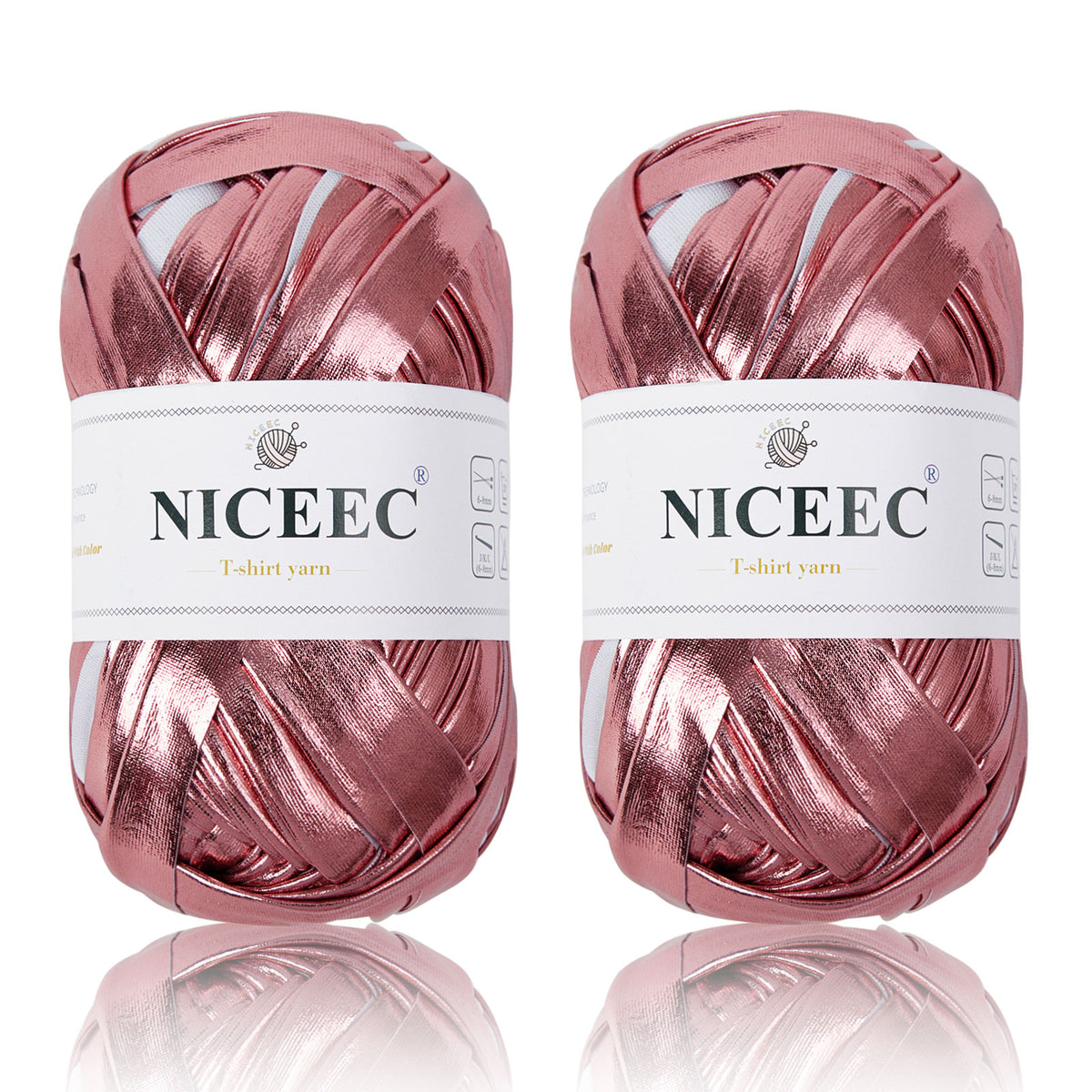 NICEEC 2 Skeins Metal T-Shirt Yarn Single-Side Bright, Glossy, Crochet & Knitting, Fabric Cloth Yarn Handmade DIY Craft Bag Basket Cushion-Totle Length 64yds(7.1oz)