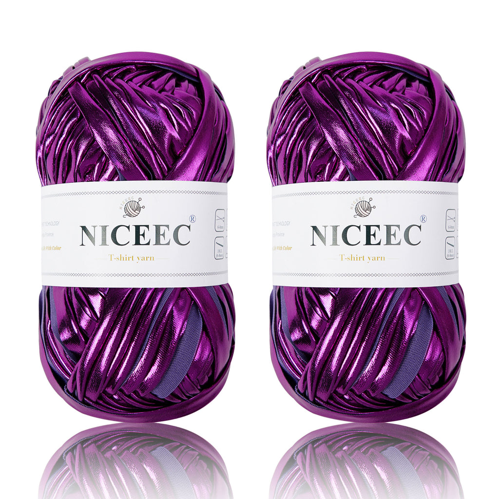 NICEEC 2 Skeins Metal T-Shirt Yarn Single-Side Bright, Glossy, Crochet & Knitting, Fabric Cloth Yarn Handmade DIY Craft Bag Basket Cushion-Totle Length 64yds(7.1oz)