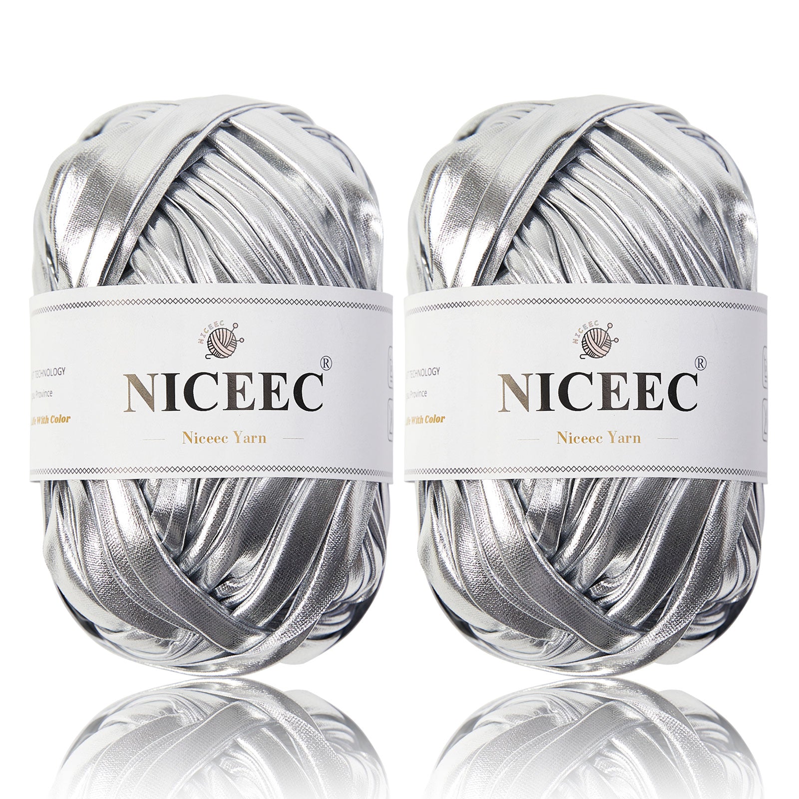 NICEEC 2 Skeins Metal T-Shirt Yarn, Bright, Glossy, Crochet & Knitting, Fabric Cloth Yarn with Double-Side Color, Handmade DIY Craft Bag Basket Cushion-Totle Length 64yds(7.1oz) - Gold