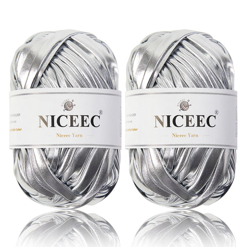 NICEEC 2 Skeins Metal T-Shirt Yarn, Bright, Glossy, Crochet & Knitting, Fabric Cloth Yarn with Double-Side Color, Handmade DIY Craft Bag Basket Cushion-Totle Length 64yds(7.1oz) - Gold
