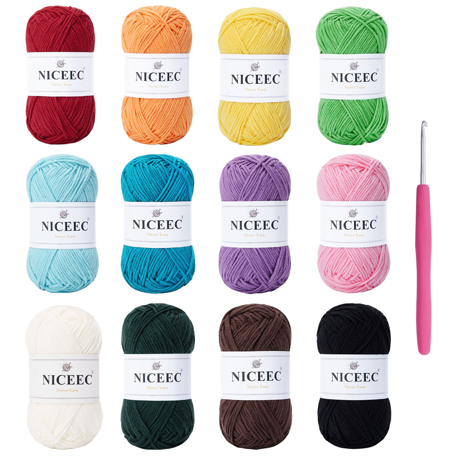 NICEEC 12 Skeins Assorted Colors Yarn Soft Cotton Blend Yarn for Crocehting Colorful Baby Blanket Yarn for Knitting Easy Use 4 Ply Yarn Multicoloed Yarn for DIY Craft