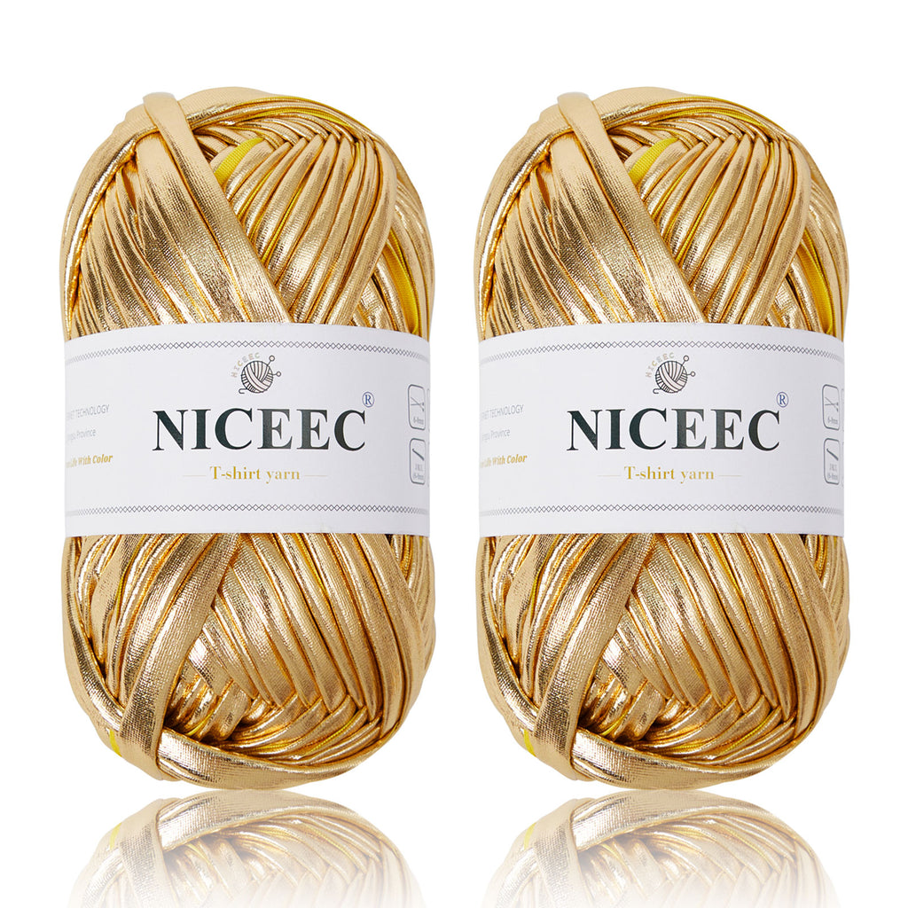 NICEEC 2 Skeins Metal T-Shirt Yarn Single-Side Bright, Glossy, Crochet & Knitting, Fabric Cloth Yarn Handmade DIY Craft Bag Basket Cushion-Totle Length 64yds(7.1oz)