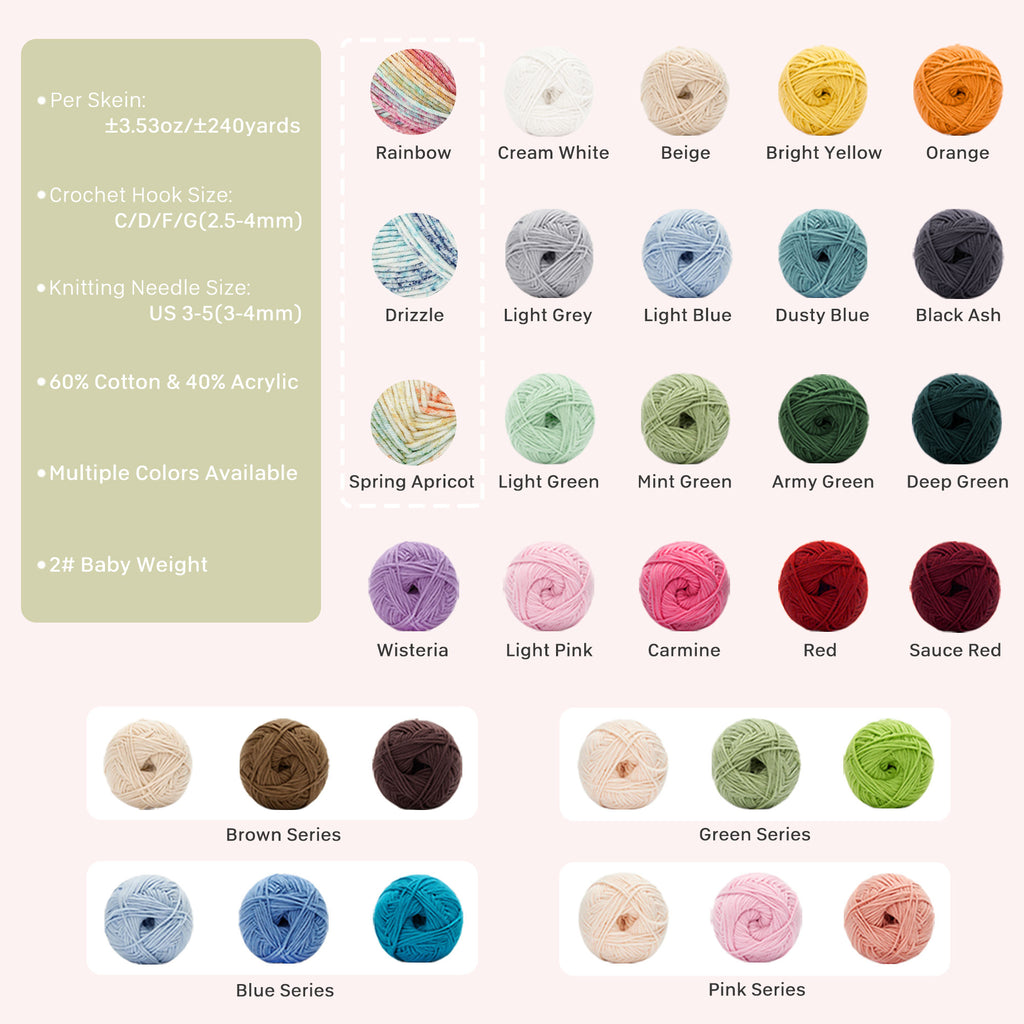 NICEEC 3 Skeins Soft Cotton Yarn 5ply Baby Cotton Yarn for Knitting Crochet Baby Weight Yarn Cotton Blend Yarn Total Length 3×220m(3×240 yds,100g×3)