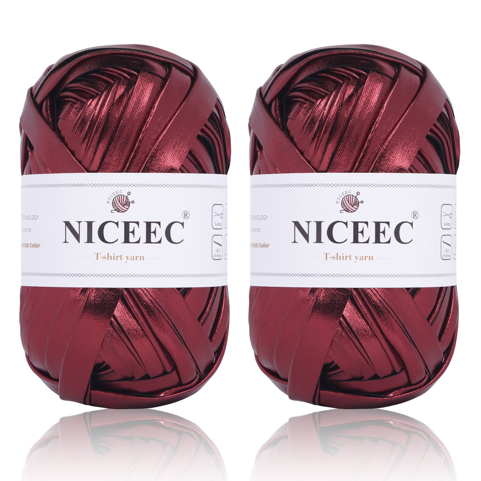 NICEEC 2 Skeins Metal T-Shirt Yarn, Bright, Glossy, Crochet & Knitting, Fabric Cloth Yarn with Double-Side Color, Handmade DIY Craft Bag Basket Cushion-Totle Length 64yds(7.1oz) - Gold