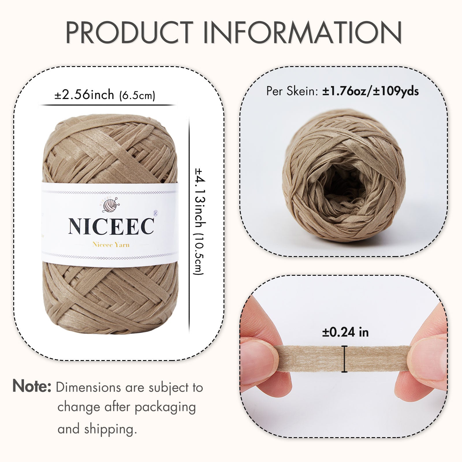NICEEC 6 Skeins Soft Tape Yarn for Crocheting Craft Paper Yarn Easy Crochet Raffia Yarn Ribbon Yarn for DIY Craft Gift Wrapping Total Length 1.76oz×6/109yds×6