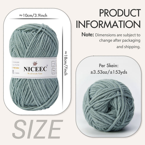 NICEEC 1 Skein Soft Wool-Acrylic Yarn for Knitting Worsted Weight Yarn Quality Yarn for DIY Craft Wool Blend Yarn for Crochet Blanket Yarn(3.53oz,153yds)