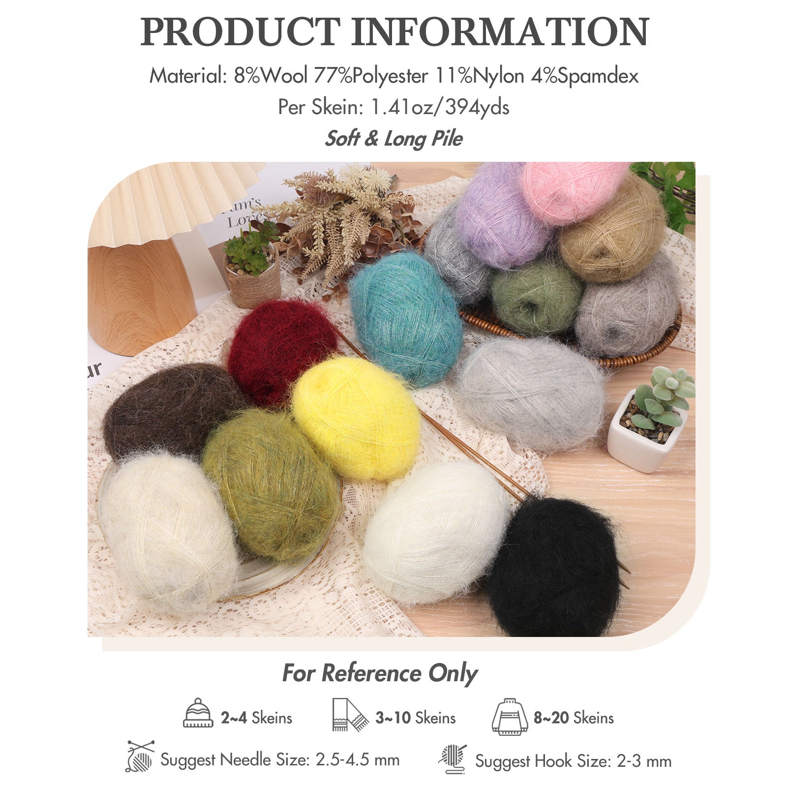 NICEEC 2 Skeins Long Pile Mohair Yarn, Fluffy & Fuzzy, Luxurious & Thin, Slik Wool Blend Yarn for Crochet & Knitting