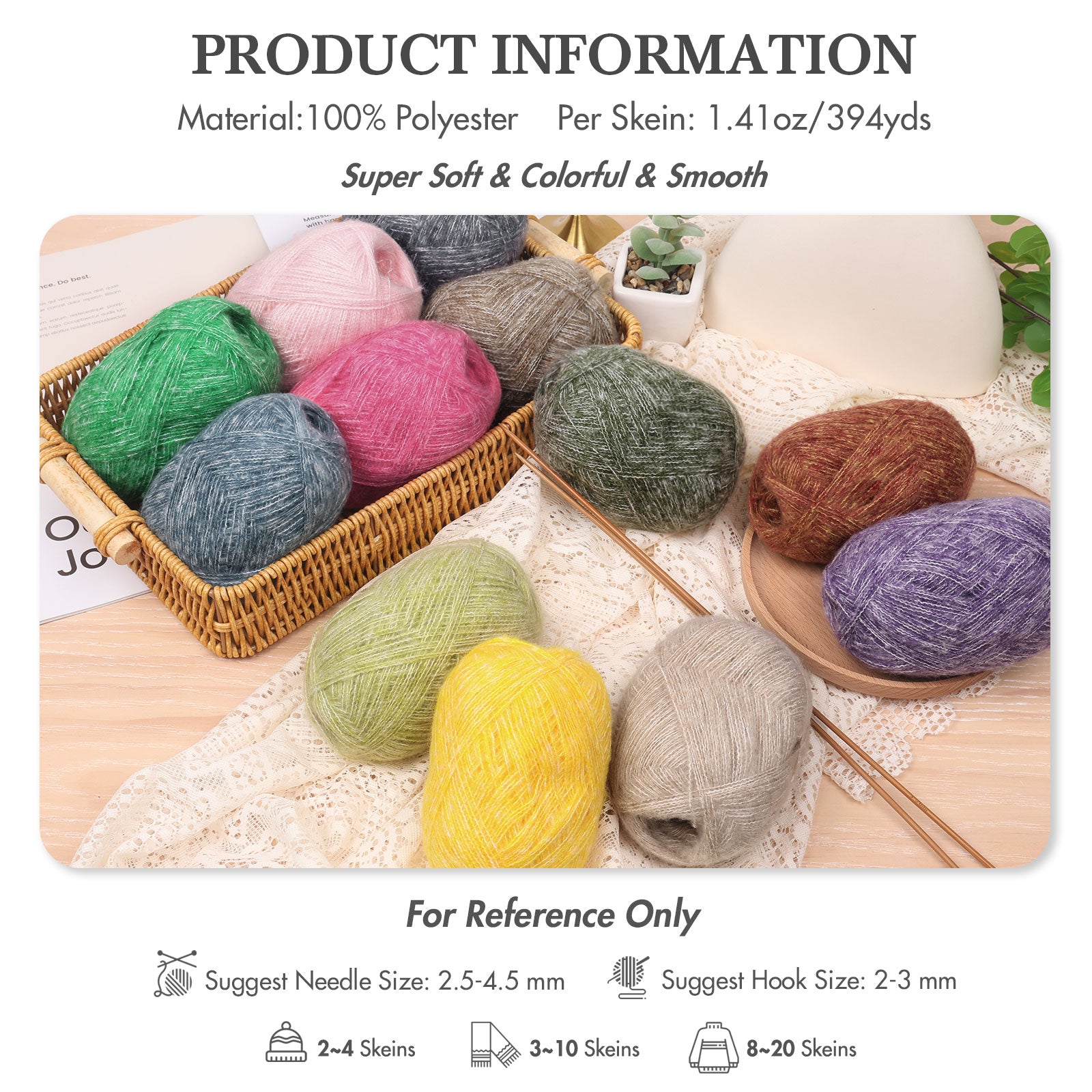 NICEEC 4 Skeins Colorful Pile Yarn, Super Soft & Single Ply, Superfine & Thin Yarn for Crochet & Knitting, 100% Polyester, Total 5.64oz/1247yds