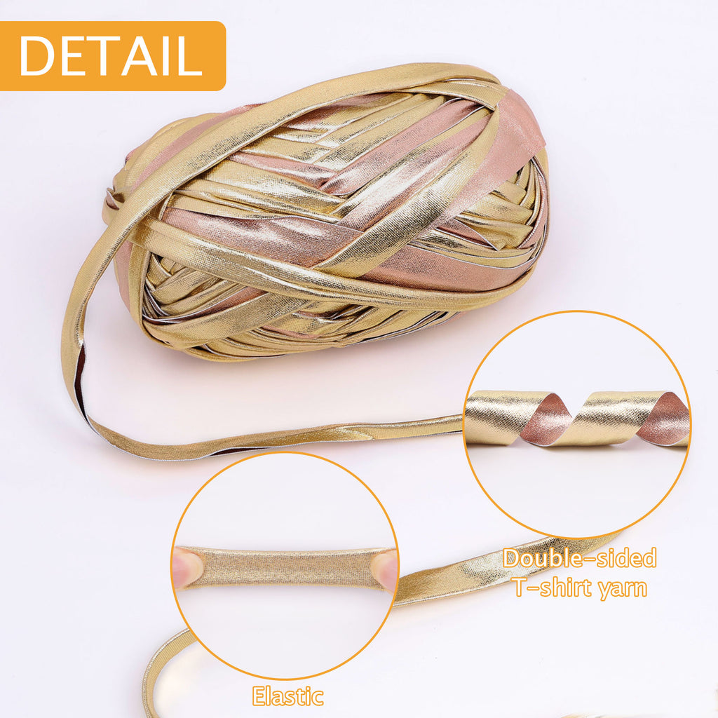 NICEEC 2 Skeins Metal T-Shirt Yarn, Bright, Glossy, Crochet & Knitting, Fabric Cloth Yarn with Double-Side Color, Handmade DIY Craft Bag Basket Cushion-Totle Length 64yds(7.1oz) - Gold