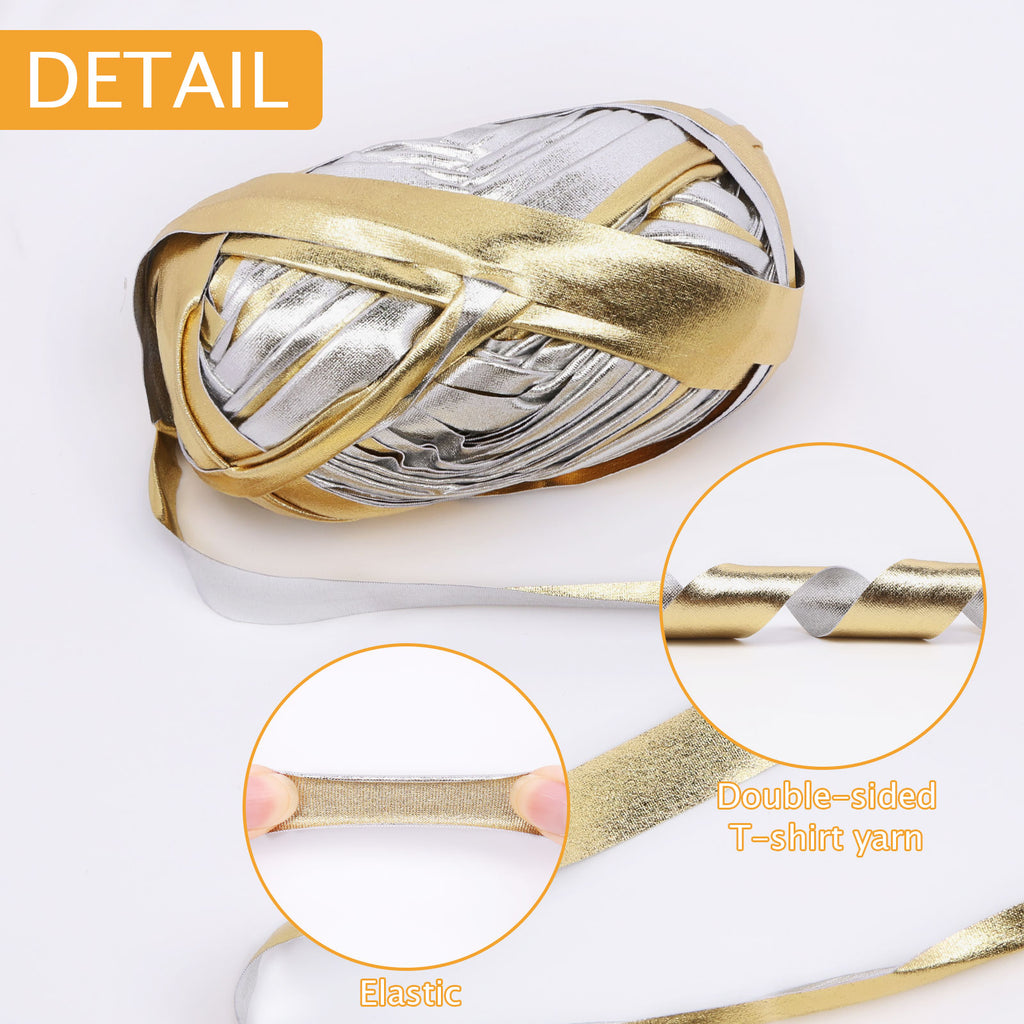NICEEC 2 Skeins Metal T-Shirt Yarn, Bright, Glossy, Crochet & Knitting, Fabric Cloth Yarn with Double-Side Color, Handmade DIY Craft Bag Basket Cushion-Totle Length 64yds(7.1oz) - Gold