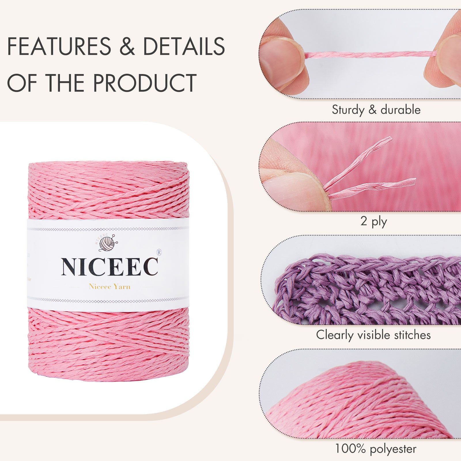 NICEEC 3 Skein Paper Yarn Easy Croceht Raffia Yarn for Crocheting Summer Sun Hat Yarn Kraft Yarn for DIY Home Décor-5.3oz×3/262yds×3 -Coffee