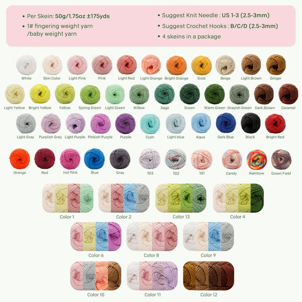 NICEEC 4 Skeins Soft Baby Yarn 100% Cotton Yarn for Crochet Knitting 4 Ply Yarn Blanket Yarn for DIY Craft Fingering Weight Yarn Total Length 4×175yds/4×50g