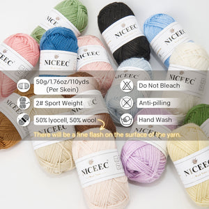 NICEEC 3 Skeins Soft Wool Yarn Glossy Wool Blend Yarn for Crochet Knitting Sport Weight Yarn for DIY Craft(3×50g/3×110yds)