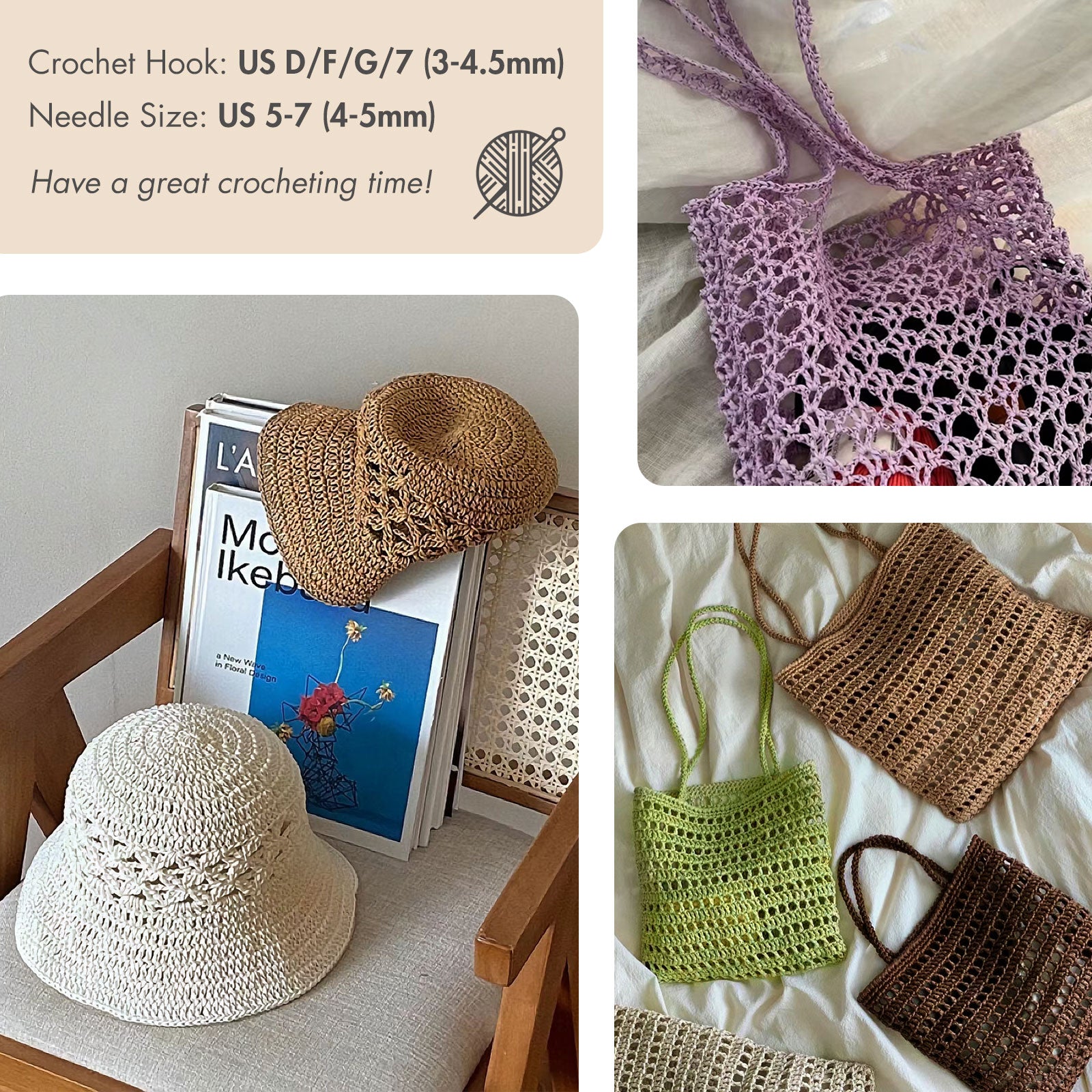 NICEEC 1 Skein Paper Yarn for Crocheting -Easy Croceht, Raffia Yarn for Sun Hat & DIY Home Decor - 5.3oz/262yds