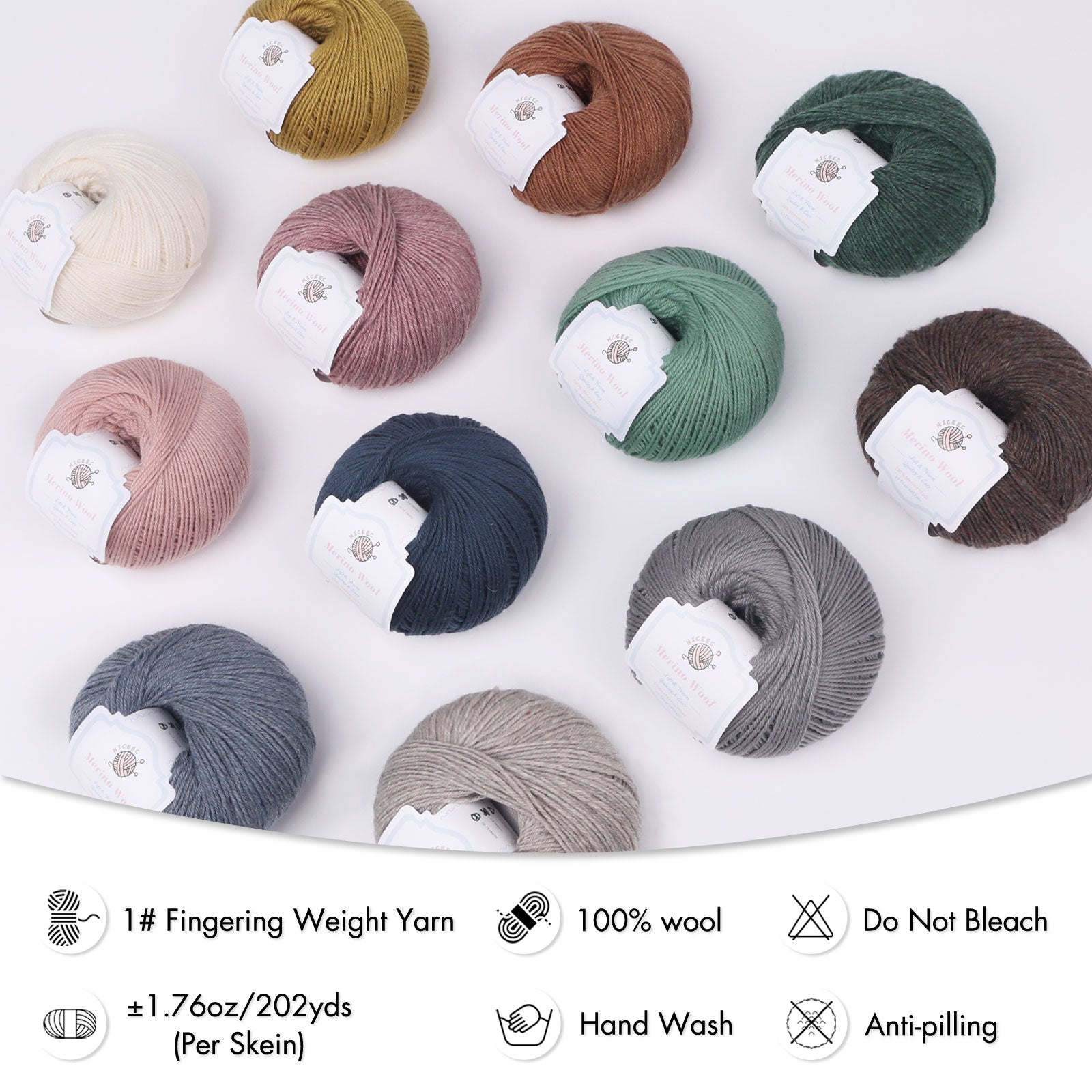 NICEEC 4 Skeins Soft Merino Wool Yarn - Soft & Warm, Finger Weight, Woolen Yarn for Crochet & Knitting