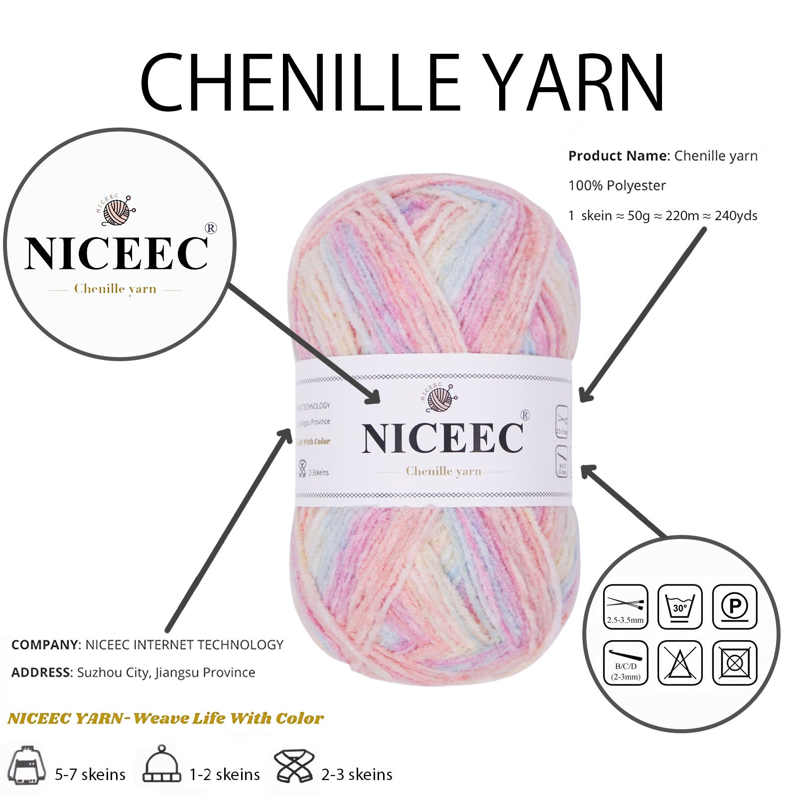 NICEEC 2 Skeins Velvet Thin Chenille Yarn Blanket Yarn for Knitting Fancy Yarn for Crochet Weaving DIY Craft