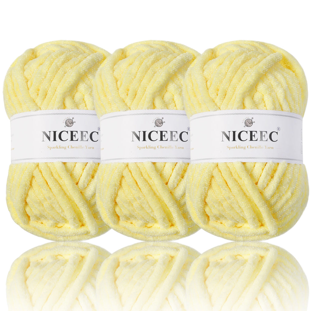 NICEEC 3 Skeins Sparkling Chenille Yarn Soft Yarn for Crochet Knitting Blanket Yarn DIY Craft Yarn for Blanket-Total Length 3×50m(3×55yds,100g×3)