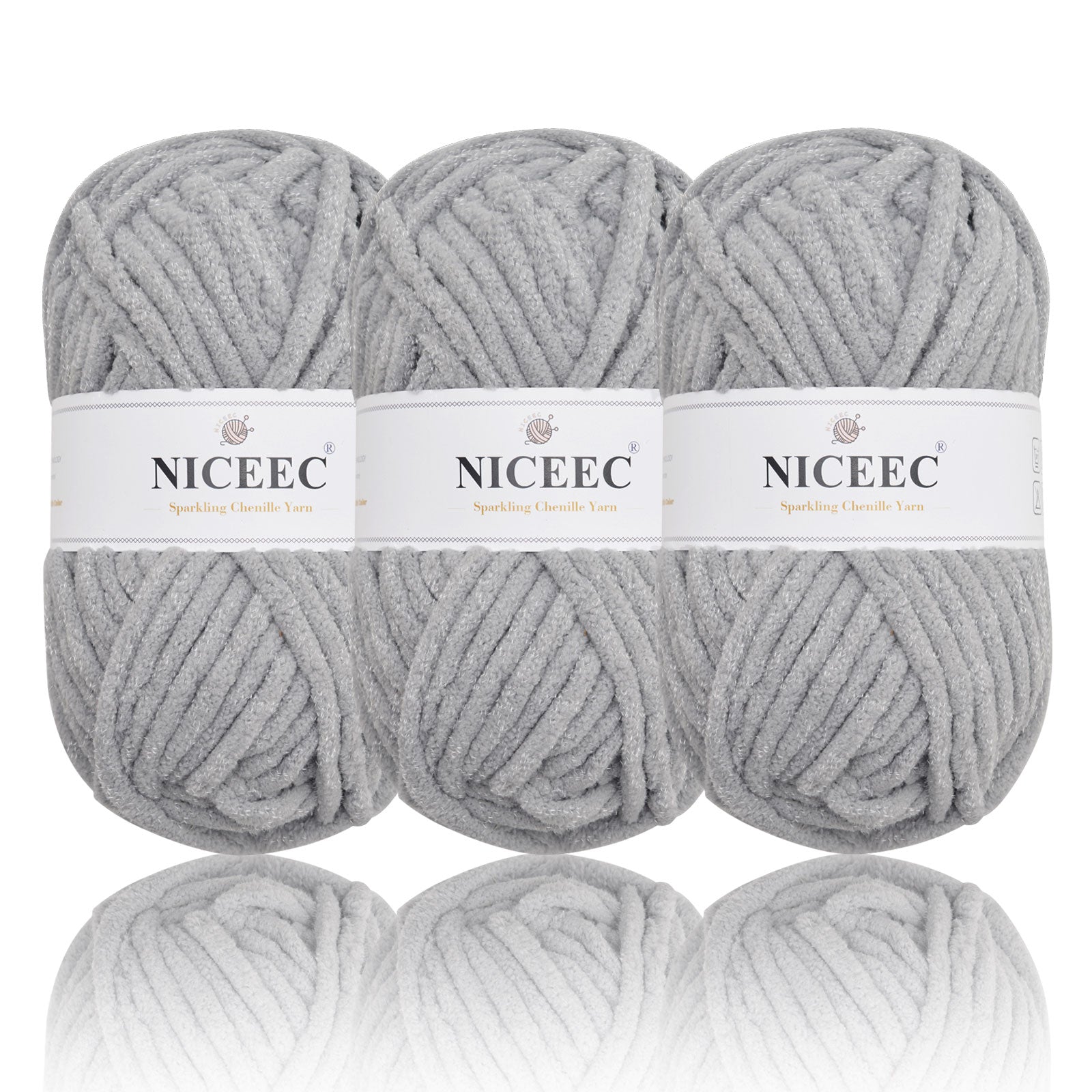 NICEEC 3 Skeins Sparkling Chenille Yarn Soft Yarn for Crochet Knitting Blanket Yarn DIY Craft Yarn for Blanket-Total Length 3×50m(3×55yds,100g×3)