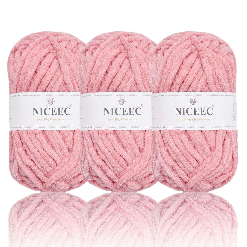 NICEEC 3 Skeins Sparkling Chenille Yarn Soft Yarn for Crochet Knitting Blanket Yarn DIY Craft Yarn for Blanket-Total Length 3×50m(3×55yds,100g×3)